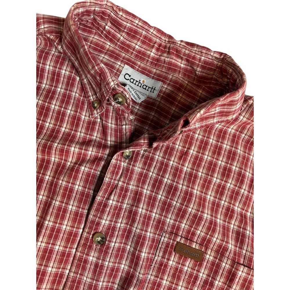 Carhartt Mens Large Short Sleeve Button‎ Down Red Plaid Shirt